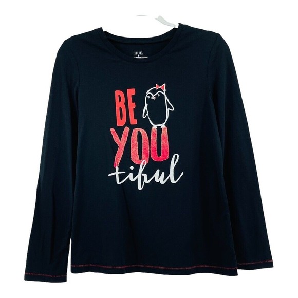 HUE Long Sleeve Crewneck Whimsical Penguin BE YOU TIFUL Beautiful T-Shirt Size M - Picture 2 of 7